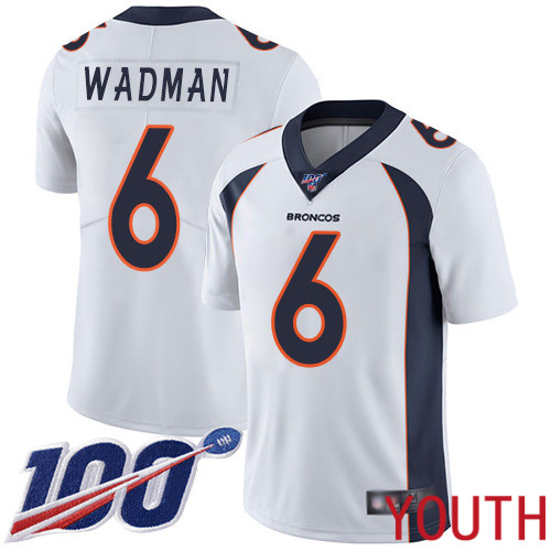 Youth Denver Broncos #6 Colby Wadman White Vapor Untouchable Limited Player 100th Season Football NFL Jersey->youth nfl jersey->Youth Jersey